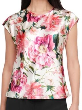 NWT Floral Cream and Pink Cap-Sleeve Blouse | Size L